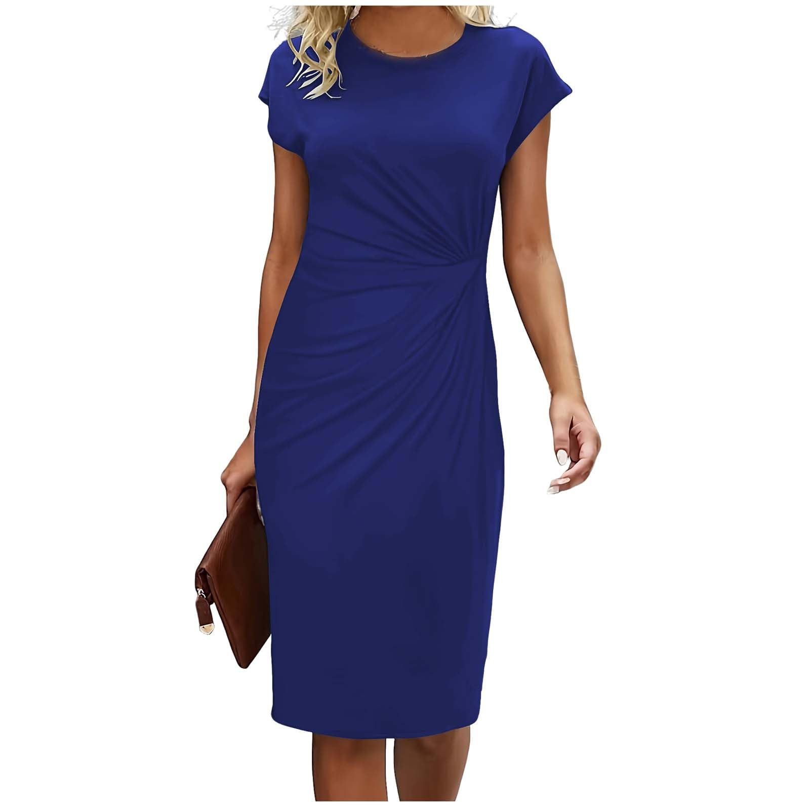 HGps8w Womens Wear to Work Pencil Dresses Elegant Ruched Knee Lenght Cap Sleeve Bodycon Business Office Party Dress