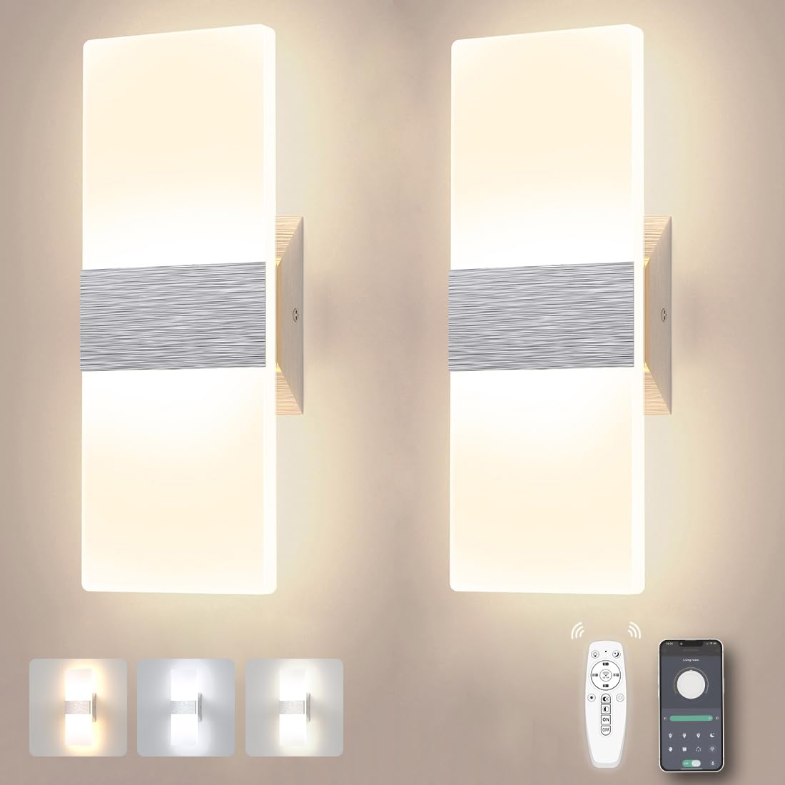 Sytmhoe 2 Pezzi Dimmerabile Appliques Da Parete Di Design Con App e Telecomando, 12W 2700-6500K Argento Albergo Acrilico Applique Camera Da Letto, Scale Soggiorno Lampade Da Muro Moderne
