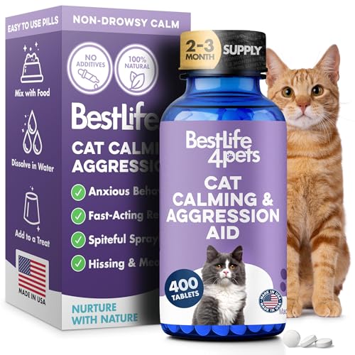 Anti Aggression for Cats Calming Remedy A Natural Diffuser and Cat Calming Aid for Stress Spiteful Spraying Scratching & Territorial Behavior Non-Drowsy 400 Odorless Tasteless Pills