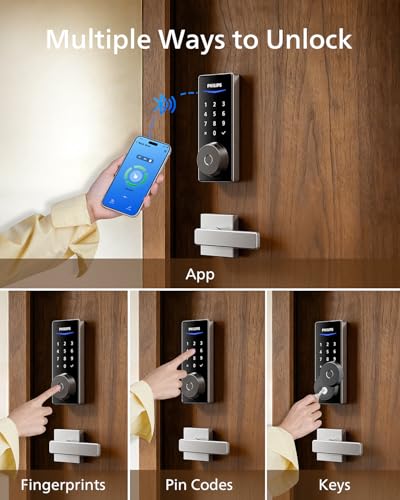Image of Philips Smart Lock with Handles, Smart Door Lock with 2 Level Handles, Keyless Entry Door Lock Set, Digital Keypad Deadbolt for Front Door, App Fingerprint PIN Code Unlocking, Auto Locking
