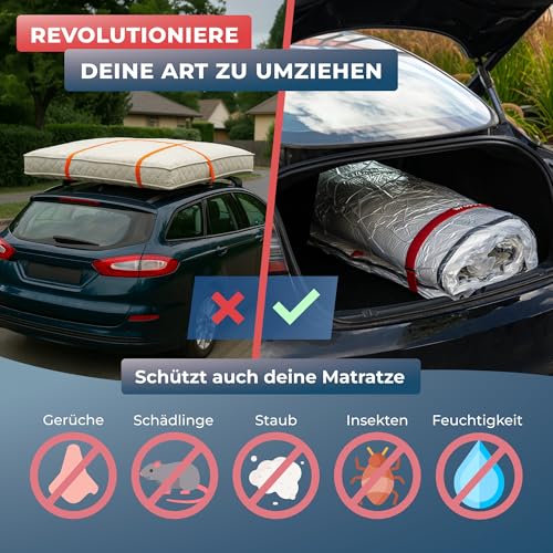 Wrappybag – Vakuumbeutel für Matratzen 200x200 – Komplett-Set mit wiederverwendbarer, wasserdichter Hülle, Clips und Spanngurten – Passend für alle Matratzengrößen und die meisten Staubsauger