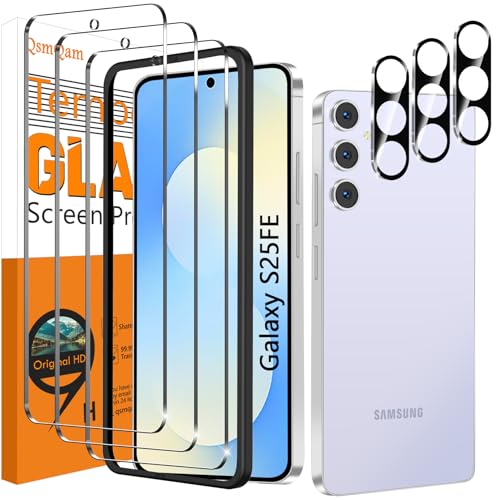 QsmQam 3 Piezas Protector de Pantalla para Samsung Galaxy S25 FE con 3 Piezas Protector de Lente de Cámara, Ultra HD Cristal Templado, Dureza 9H, Anti Arañazos, Sin Burbujas