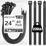 Large Zip Ties Heavy Duty Outdoor 24 inch (40 Pack), Heavy Duty Zip Ties 220 lbs, Black, by ANOSON