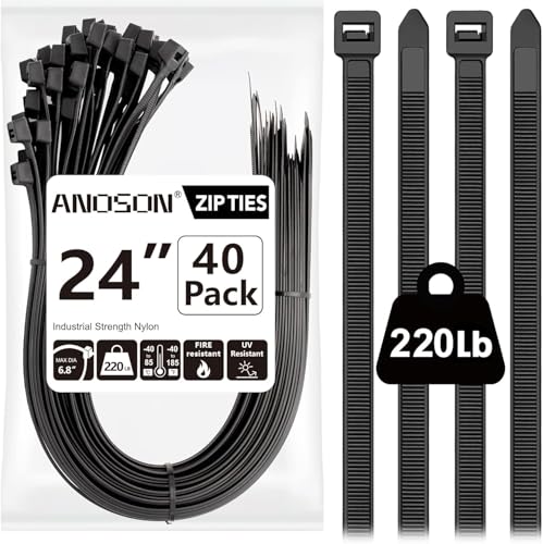 Large Zip Ties Heavy Duty Outdoor 24 inch (40 Pack) Heavy Duty Zip Ties 220 lbs Black by ANOSON