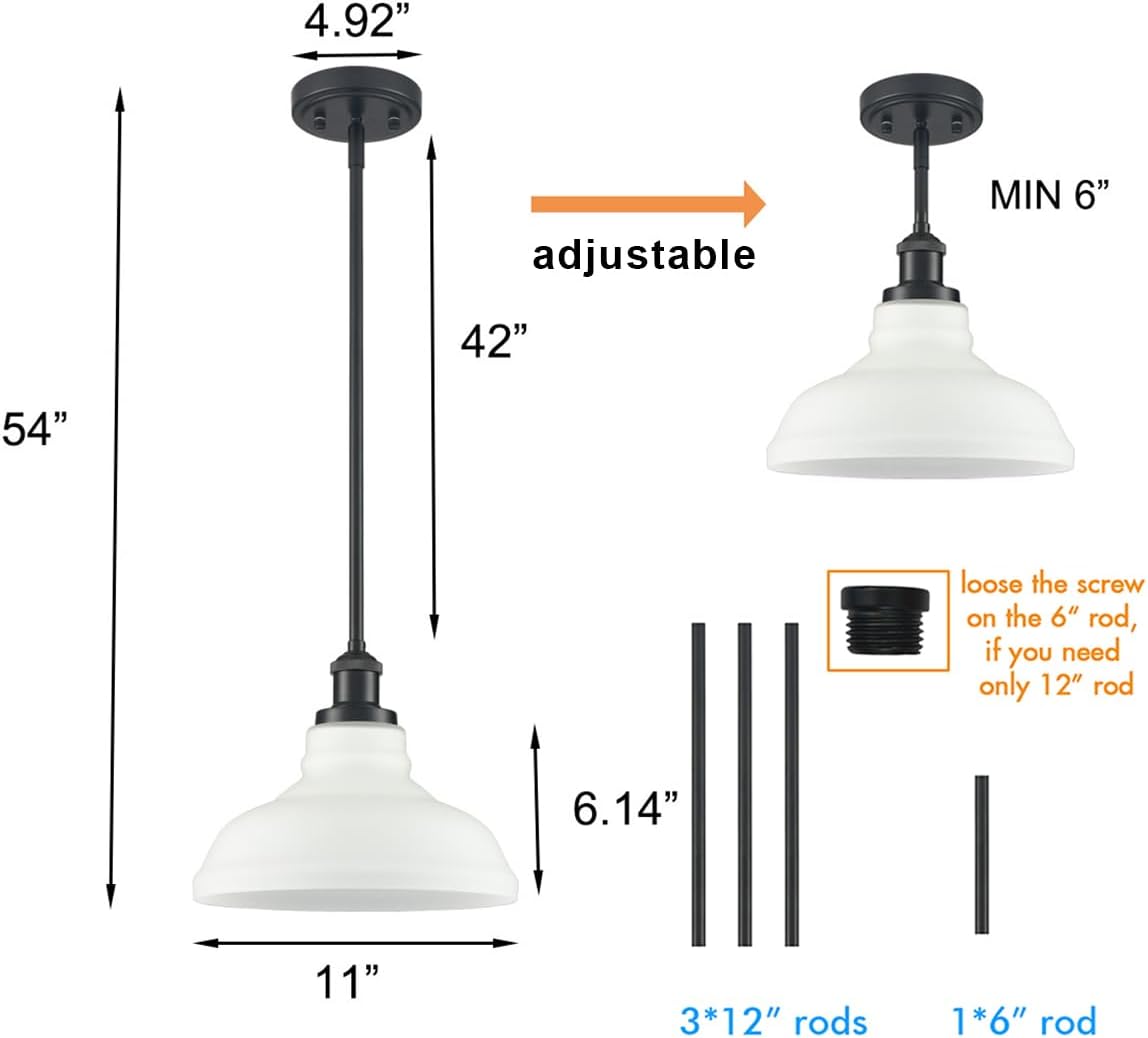 HOLKIRT Black Kitchen Pendant Light with Opal Glass Dimmable Hanging Rod Pendant Lighting for Kitchen Island, Kitchen Sink,Bedroom Dining Foyer,Adjustable Height