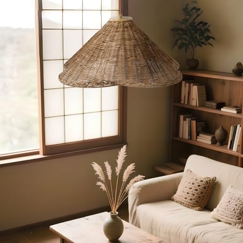 eccuslon 19” Rattan Chandelier Light Fixture, Boho Chandeliers Hand Woven Wicker Pendant Light, Vintage Chandelier for Dining Room, Rustic Hanging Lighting for Kitchen Island, Foyer