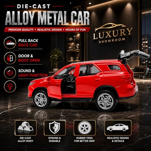 Image of Fortuner Die Cast Toy Car 1:36 Scale Pull Back SUV for Kids | Alloy Metal Body with Sound & Light | Openable Doors & Boot | Realistic Miniature Car Model (Random Colour 1Pc)