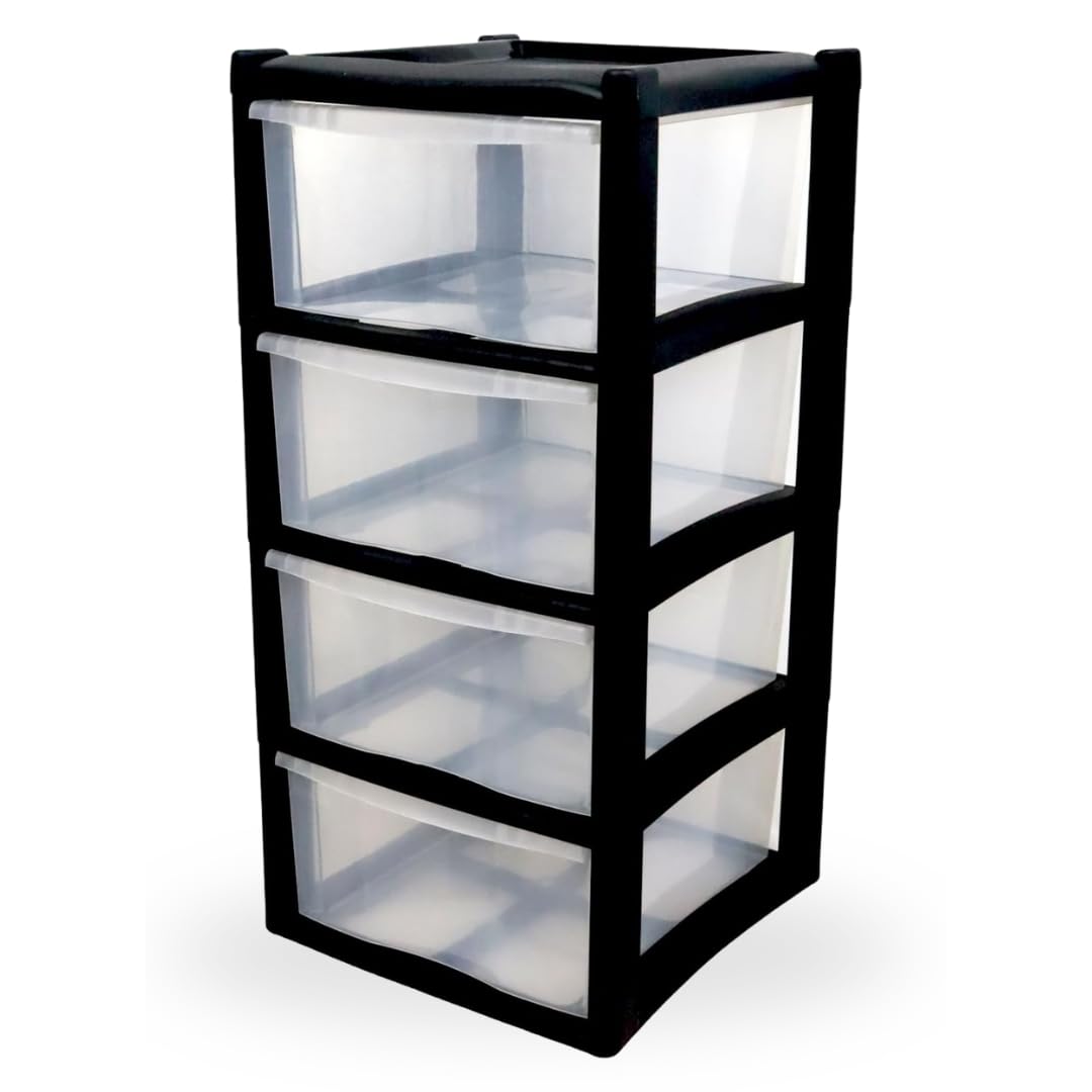 KYYZ - Large Modular Drawer Tower Unit - Clear Plastic Storage Cabinets for Home, Office, Garage & Crafts - Stackable Transparent Drawer Organiser - Strong Frame Plastic Storage (Black/Clear, 4 Tier)