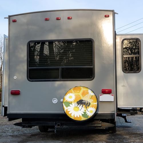 Image of Delerain Spare Tire Cover Honeycomb Bee Daisies Wheel Covers Waterproof Dust-Proof UV Sun Universal Fit for Jeep Trailer RV SUV Truck and Many Vehicle (17 Inch for Diameter 31 inch-33 inch)
