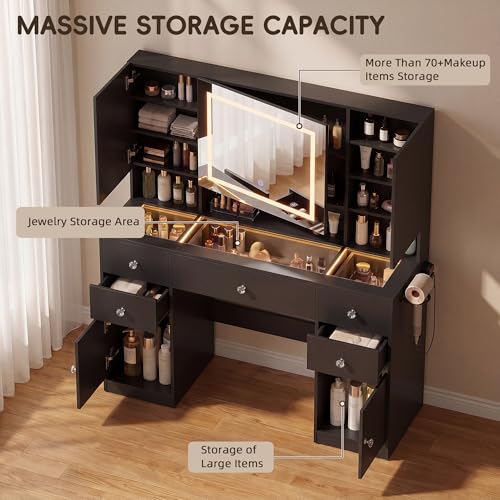 Image of YESHOMY Makeup Table with Power Outlet and Hair Dryer Holder, 3 Folden Mirror with Hidden Storage Shelves, 3 Drawers and 2 Storage Cabinet, for Bedroom, Black