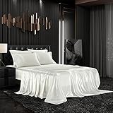 AiMay 6 Piece Satin Bedding Sheet Set Queen Off White Deep Pocket 1800 Series Luxury Rich Silk Silky Super Soft Solid Color 4 Pillowcases Reversible Sexy Honeymoon Wrinkle Free (Queen,White)