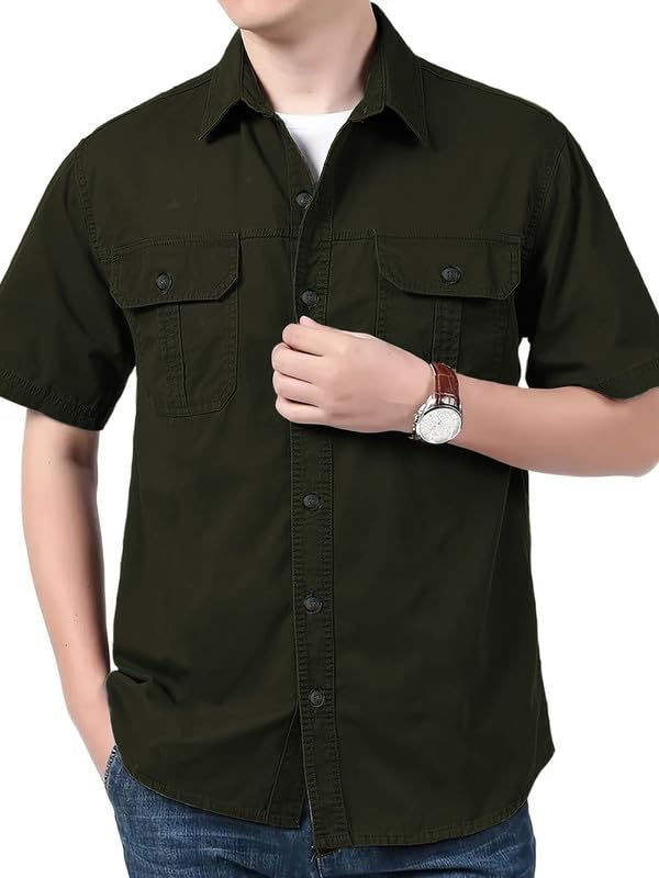 Image of SHIENZY Men's Regular Fit Solid Printed Cotton Casual Shirt || Half Sleeve, Double Pocket || Denim Jacket Style Fashionable Western Outfit