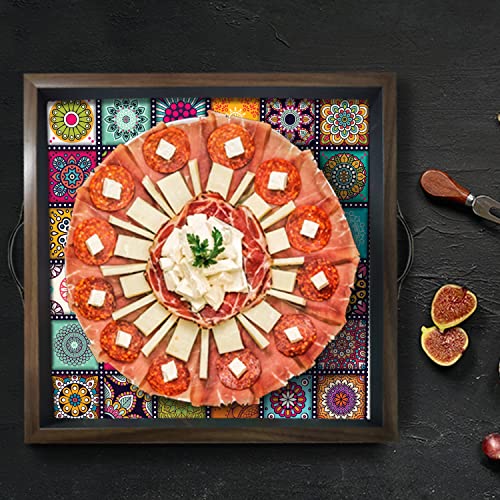 Image of Printelligent Wooden Serving Tray for Serving with Handle, Table Decoration,Coffee Table, Food, Tea, Ottoman, Restaurant Size (12 Inches x 12 Inches, Brown) (K)