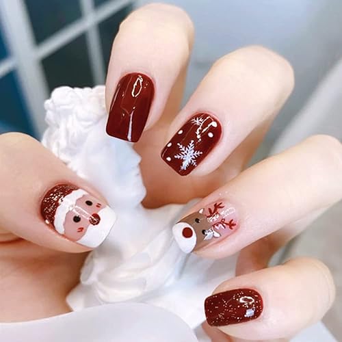 24 piezas de uñas cortas a presión de Navidad con diseños de alce de copo de nieve de cobertura completa cuadradas de Navidad uñas acrílicas rojas