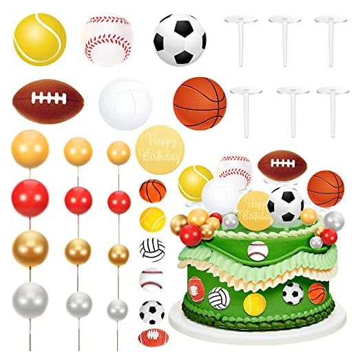 31 Pcs Sports Cake Toppers Sports Cake Decorations Football Basketball Soccer Ball Tennis Volleyball Baseball Cupcake Toppers for Boys Kids Men Sports Themed Birthday Party Supplies Decor