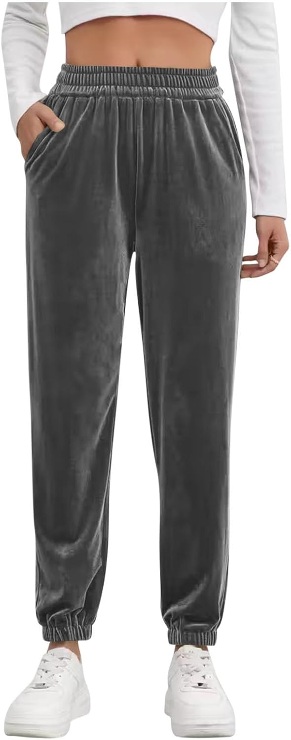 Velvet Pants for Women with Pockets Soft Dressy Casual Elastic High Waist Velour Lounge Sweatpants Formal Slacks