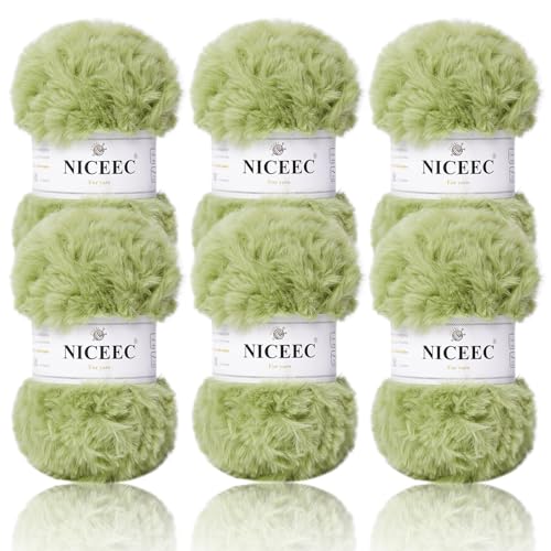 Image of NICEEC Faux Fur Yarn Super Soft, Chunky & Fluffy, Eyelash Yarn for Crochet & Knitting(Total Length 210yds /10.6oz) - Warm Green /300g