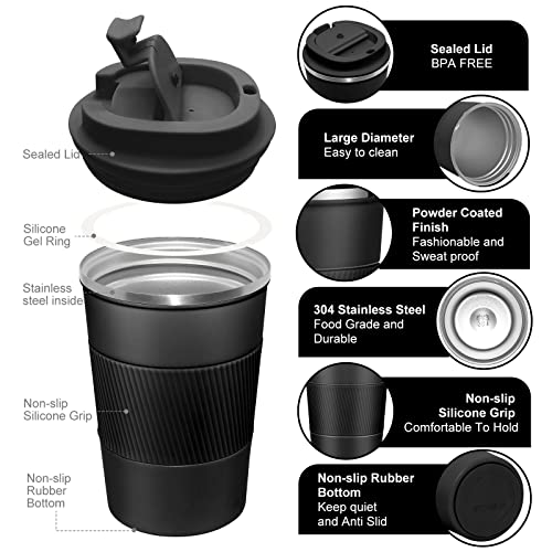 Image of EALLEN Travel Mug with Leakproof Lid,Insulated Reusable Coffee Mug for Hot&Cold Drinks /Tea,Portable Stainless Steel Thermal Takeaway Travel Coffee Cup for Car /Outdoor /Picnic /Office /School (Black)