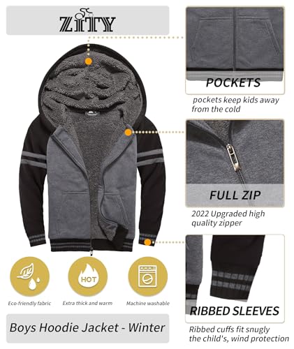 Image of ZITY Boys Zip Up Hoodie Fleece Jacket Kids Sherpa Lined Sweatshirts Outerwear Unisex Warm Winter Coat 6-15 Years Old