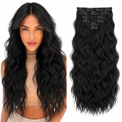 Image of Salon-Grade Clip-in Hair Extensions for Women, Imported Synthetic Hair, 6 PCS with 13 Secure Clips, Instant Volume, Natural Blend, Reusable Hair Volumizer (Black, Curly /Wavy)