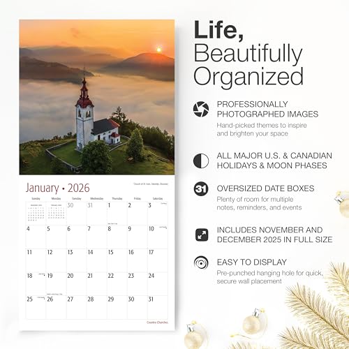 Image of RED EMBER Country Churches 2026 Wall Calendar 12 Month | 12 inch x 24 inch Open | Thick & Sturdy Paper | Holiday Gift | Travel Calendar 2026