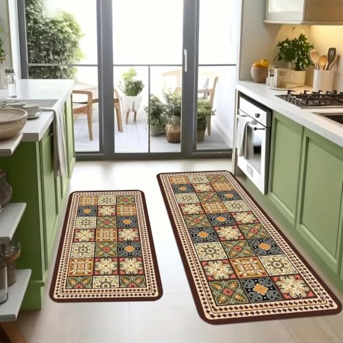 Image of Kitchen Runner Mat Set of 2, PVC Vintage Tile Design