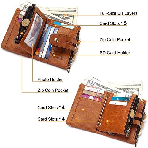 REETEE Mens Wallet RFID Blocking Men's Genuine Leather Wallet and Zipper Coin Pocket Bifold Purse with Chain 16 Credit Card Holder Genuine Leather Gents Wallets Slim Purse (Light Brown)