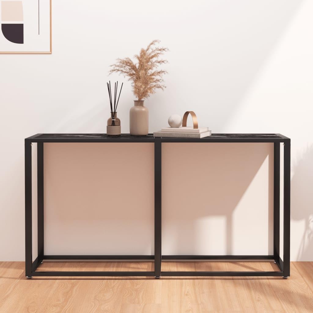 Stół konsolowy o wyglądzie czarnego marmuru 140 x 35 x 75,5 cm, szkło hartowane i stal, nowoczesny design do salonu i korytarza, stolik pomocniczy z półką dla stylowych akcentów