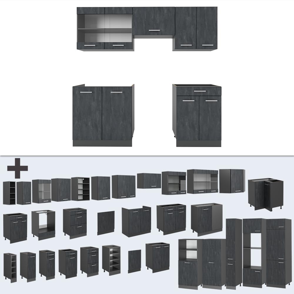 Vicco Mobile da cucina R-Line, Calce nera/antracite, 200 cm PL Antracite, adatto per l'espansione individuale con moduli aggiuntivi