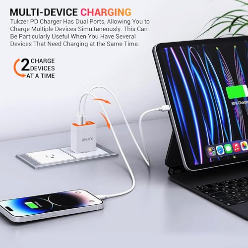 Image of Tukzer 20W Dual Port GaN3 Ultra Fast Charger Wall Adapter (Type C PD3.0 & USB QC3.0 / 5V~3A)| Compatible with All iPhone /iPad /Android Phones (White)