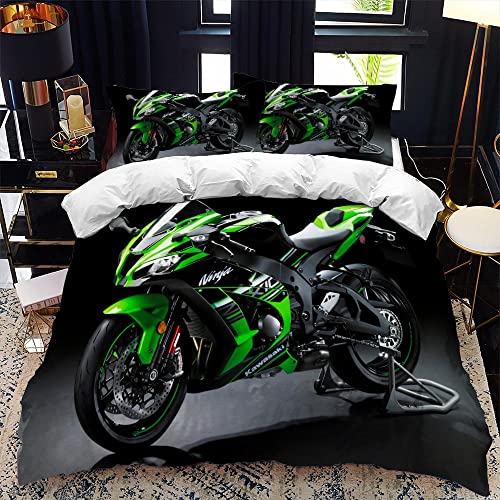 CTQTZ Motorcycle 3D Bedding Quilt Covers Double Size Cool Black Green Motorbike Duvet Cover Set Sports Theme Motorcycle Pattern 3D Printed Children Boys Girls Quilt Cover For Bedroom Decor