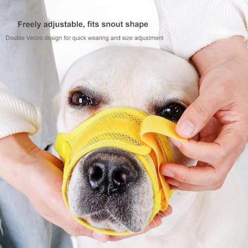 Image of Dog Muzzle, Breathable Mesh for Grooming & Nail Care, Yellow, S | Adjustable head and snout straps, quick-release buckle, soft padded edges