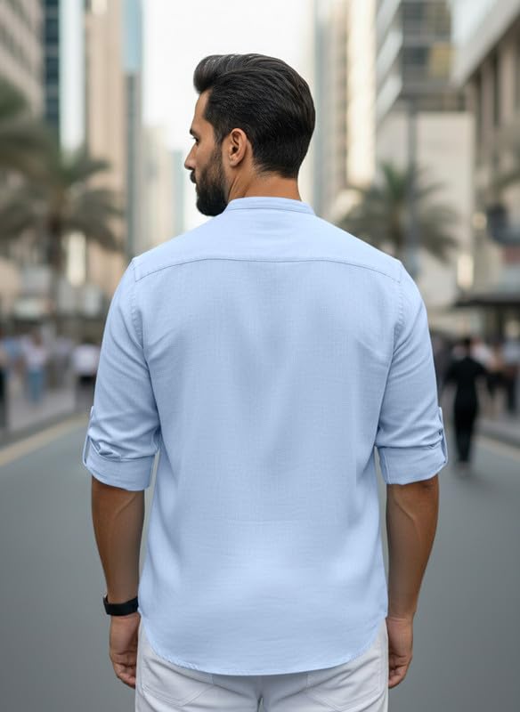 Image of Men Cotton Blend Mandarin Collar Casual Kurta Shirt | Roll-Up Sleeves | Regular Fit Ethnic Short Kurta for Daily