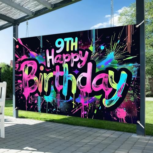 Image of HOMETITUTE Neon 9th Happy Birthday Banner 71x43 Inch Paint Splatter Glow in The Dark Party Backdrop Colorful Wall Decor for Kids Boys Girls Ninth Birthday Celebrations Photo Booth Props Event