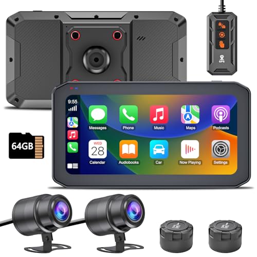 IXROAD Dashcam Moto avec CarPlay et Android Auto, 2K Camera Moto Embarquée Avant et Arrière, Écran Tactile 6.25 avec GPS, TPMS, Télécommande, Carte TF 64 Go