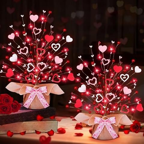 TURNMEON 2 Pack Valentine's Day Tree Tabletop Decorations 20 Red Lights Battery Operated 16 Inch 14 Red Pink Heart 32 Red Berries Valentines Decorations Home Table Bedroom Indoor Party Wedding Decor Cover