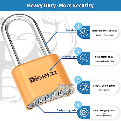 Image of 1 Pack disecu Heavy Duty 4 Digit Combination Lock, Anti-Error Feature, 2.5 Inch Long Shackle Outdoor Waterproof Padlock for School Gym Locker, Fence, Gate, Toolbox (Brass)