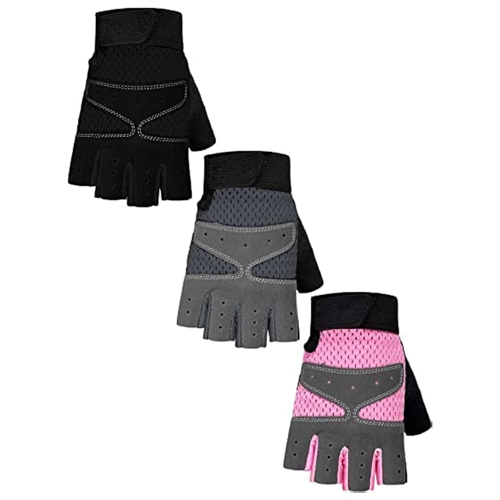 YARDHOBI 3 Pairs Kids Half Finger Gloves, Sport Gloves, Adjustable Sports Gloves, Gym Skate Gloves, Kids Fishing Gloves, Non-Slip Gel Gloves for Children Cycling Riding Biking (Pink, Grey, Black, M)