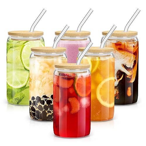 sungwoo Glass Cups with Bamboo Lids and Straws, 16OZ Ice Coffee Cup, Drinking Cup Set with Wooden Lids, Home Essential Glass Tumblers for Beer, Cocktail, Tea and Latte Clear (6)