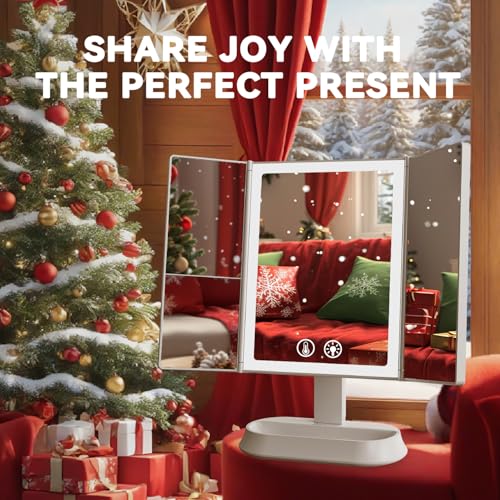 Foto von Auxmir Schminkspiegel mit Beleuchtung, Faltbar 1X/5X/7X Kosmetikspiegel, 60 Stück LED Tischspiegel mit 3 Lichtfarben und Dimmbare Helligkeit, Duale Unterstützung USB und Batterie, Weiß
