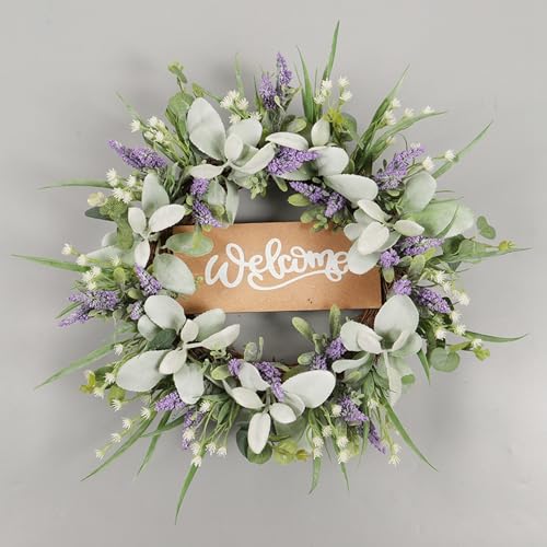 造花 ドアチャーム ラベンダー ウェルカム WELCOME 花輪 人工花輪 フェイスグリーン ドアリース 店舗 玄関 壁掛け 庭園 直径50xcm 母の日 ギフト フラワーリース 通年リース ハンドメイドリース おしゃれ