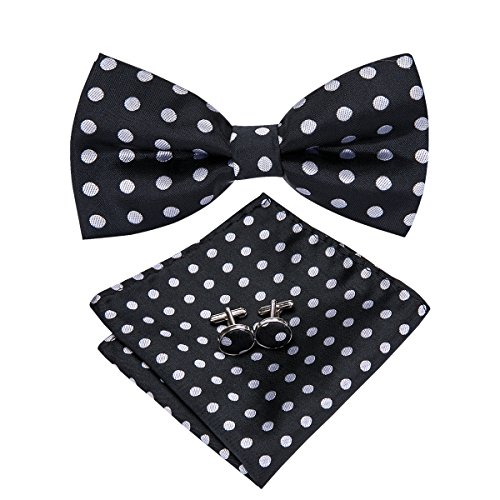 Image of Hi-Tie Pretied Bow Ties for Men Wedding Formal Bow Tie Handkerchief Cufflinks Lapel Pin Set Party Formal Mens Bowtie Set, Black White Dots, Medium