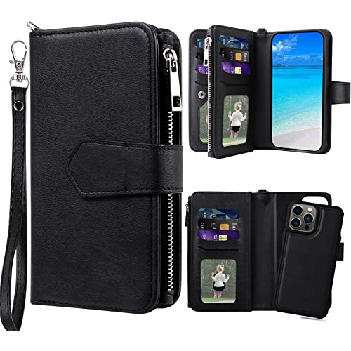 Étui pour iPhone 13 Pro en cuir PU noir texturé style portefeuille chic