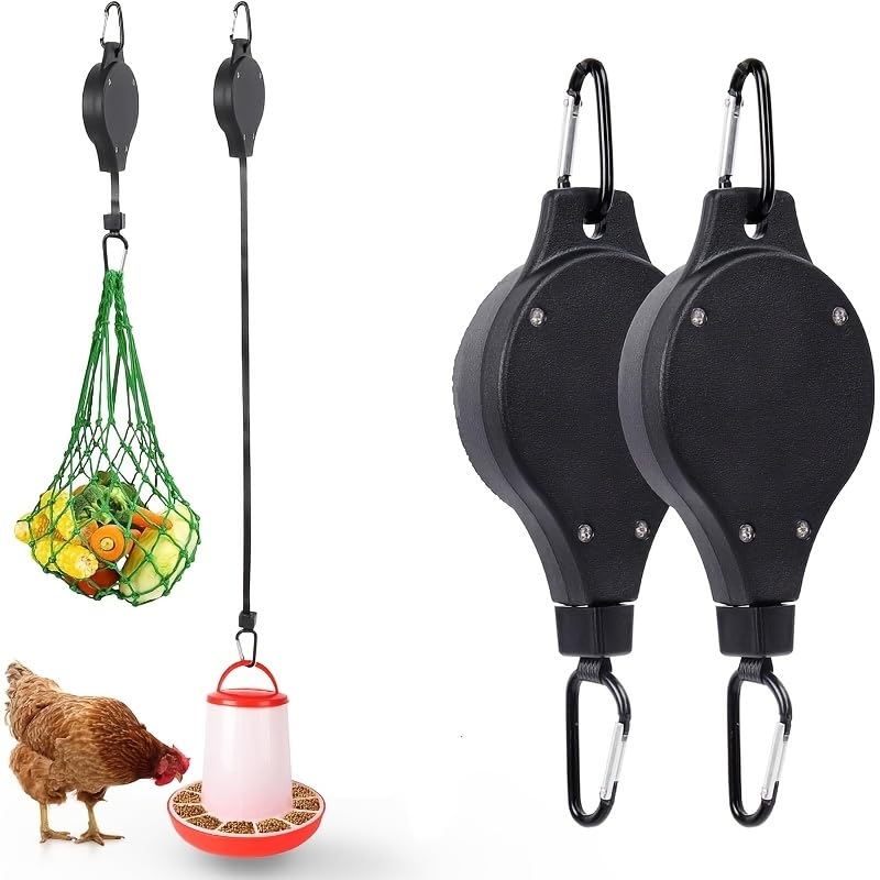 LANQEAOR 2 Pack Adjustable Chicken Feeder Hangers, Retractable Pulley Hooks for Poultry Feeders and Drinkers, Height Adjustable Hanging Rack for Chicken Coop Feeding System, Chicken Coop Accessory