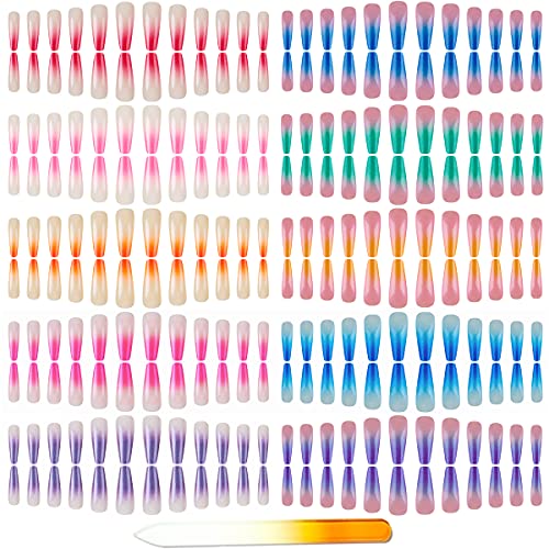 editTime Extra Super Long Press on False Nails Ballerina Coffin Natural Full Cover Coffin Fake Nails Artificial Acrylic Nail Tips with a Crystal Nail Rubbing Strip (Gradient Color)