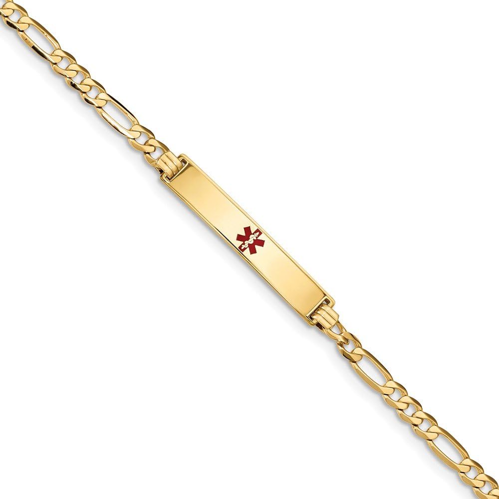 Real 14kt Medical Red Enamel Flat Figaro Link ID Chain Bracelet; 7 inch; Lobster Clasp