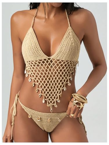 MakeMeChic Women's Boho Hollow Out Halter Bikini Sets Shell Crochet Summer Beach Swimsuit Bathing Suit4