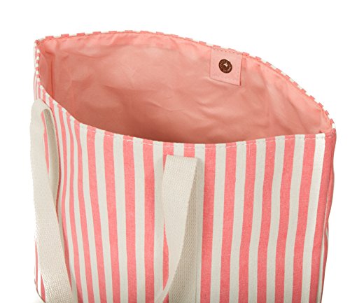 Leisureland Large Water Resistant Canvas Beach Tote Bag (19"x15"x6", Vertical Stripe Coral)2