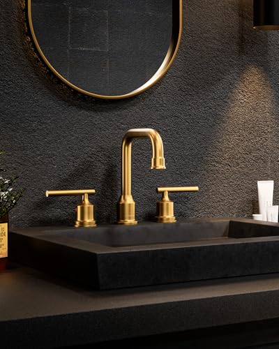 WOWOW Brushed Gold Bathroom Faucet Widespread Bathroom Sink Faucet 2 Handle Lavatory Tap 3 Holes with Drain and Supply Hoses Mordern Basin Taps - Thumbnail 7
