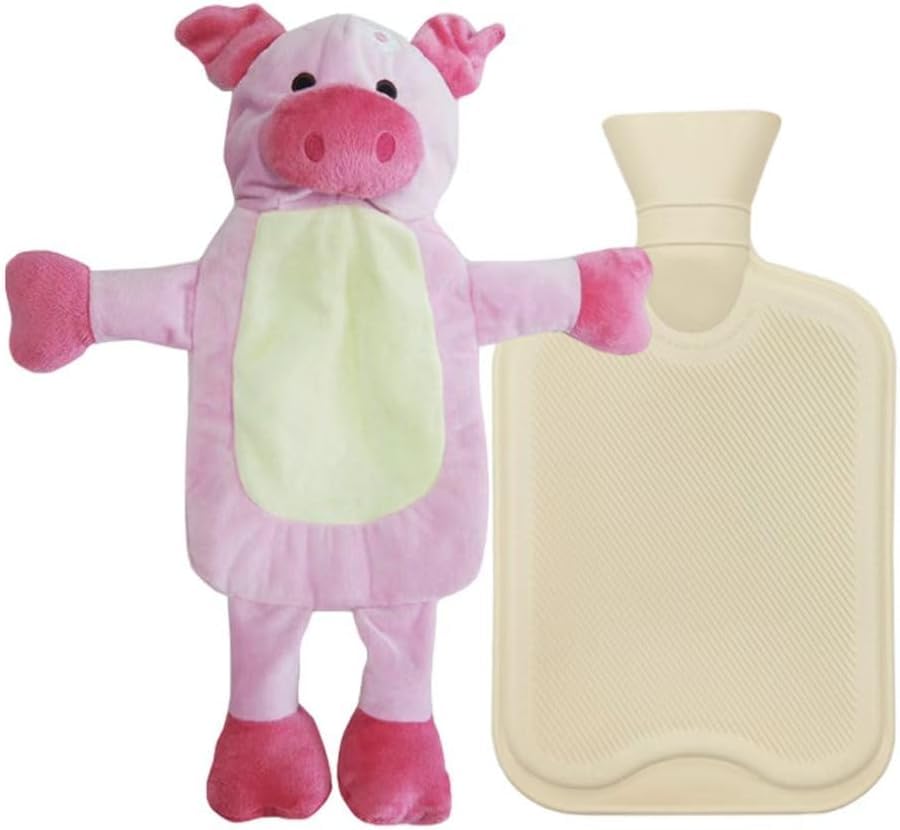 Wärmflasche mit Bezug,Wärmflasche Groß 1 Liter,Kinder Wärmflasche Kuscheltier,Bettflasche für Kinder,Wärmflasche Tier,Weiche Flaum Wärmeflasche,Gummi Wärmeflasche,Premium Wärmflasche (Schwein)